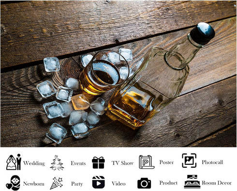 8x8ft Fabric Whiskey Bottle and Glass with Ice Cubes on Rustic Wood Backdrop Warm Amber Liquid Photography Background