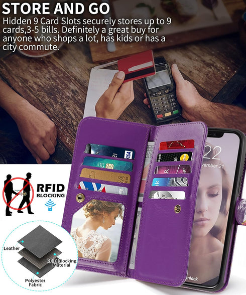 CASEOWL iPhone 13 Pro Max Wallet Case, Magnetic Detachable Leather Flip with 9 Card Holder, Strap, Marble Purple