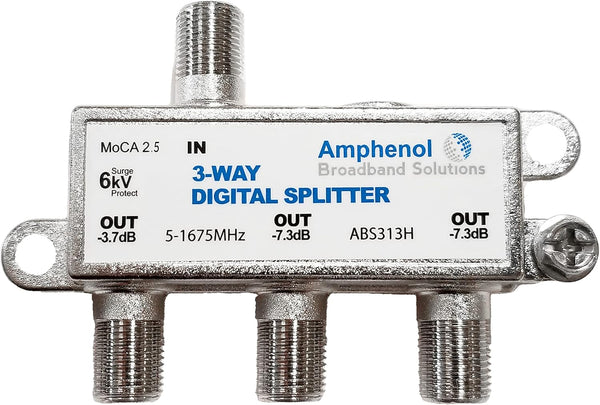 Amphenol 3-Way Digital Coaxial Splitter, MoCA 2.5 ABS313H for Signal Distribution.