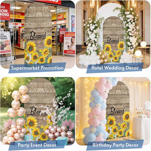 Jnbasdffb 7.2 Country Yellow Sunflowers Wedding Arch Cover,Stretchy Spandex Arch Backdrop Stand Covers FT,Vintage Wood