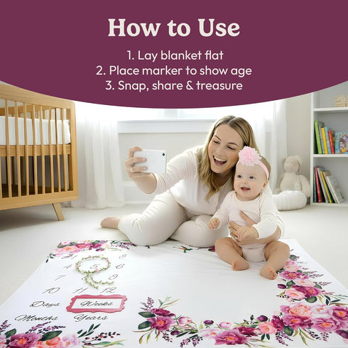 60"x40" Bliss n' Baby Monthly Milestone Blanket for Baby Girl - - Wrinkle Free Baby Age Month Blanket with Growth Chart