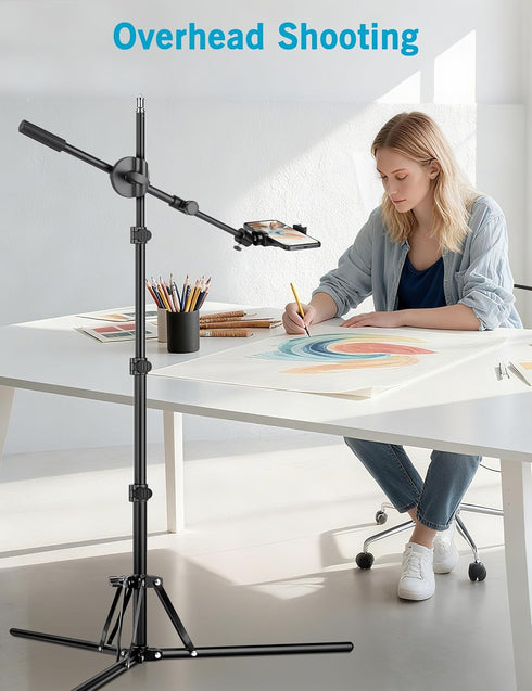 Nineigh 64" 25" 360 Overhead Tripod for iPhone, Phone Tripod Stand with Long Extendable Arm & Remote, Rotating Overhead