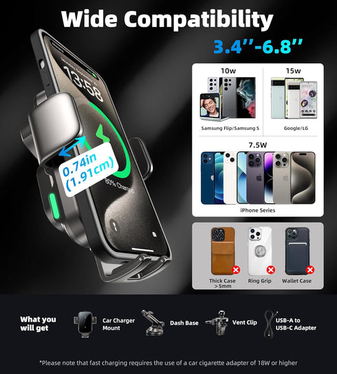 GuMosh Dual Coil Wireless Car Charger, Fast Charging Auto-Clamping Alignment Car Phone Holder Charger for Samsung Flip,
