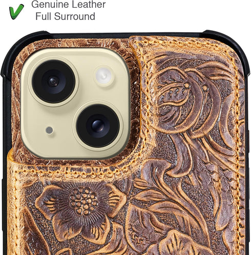 RMAWRAD 15 6.1" Wallet Real Leather Case Compatible with iPhone Genuine LeatherShockproof, Anti-Fall Case, Flip Cover