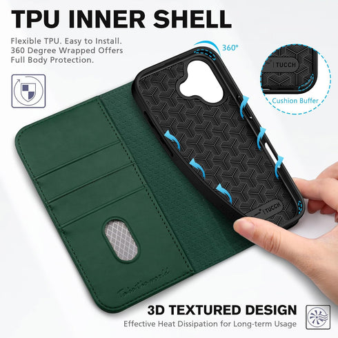 TUCCH 17 (6.3") 2025, 3 Wallet Case for iPhone Credit Card Holders, RFID Blocking, Stand, PU Leather, Shockproof TPU