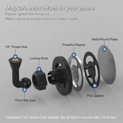 MINIFOCUS 1/4"-20 17/16/15/14/13 Magnetic Phone Tripod Mount Adapter with Screw Hole, Compatible with Magsafe