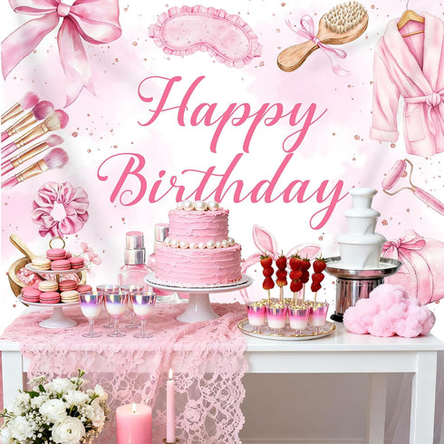 Bcuuipo 7x5ft Spa Party Happy Birthday Backdrop Pink Beauty Makeup Slumber Pajama Sleepover Background for Girls