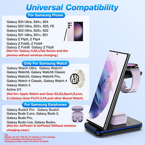 Fast Wireless Charging Station for Samsung/Android, Compatible with Galaxy S24/S23+/S22/Z Flip 6/5, Watch7/6/5/Pro