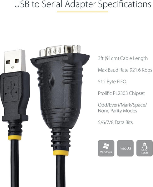 StarTech.com 3ft USB to Serial Cable, DB9 Male RS232 to USB Converter, Prolific IC Adapter for