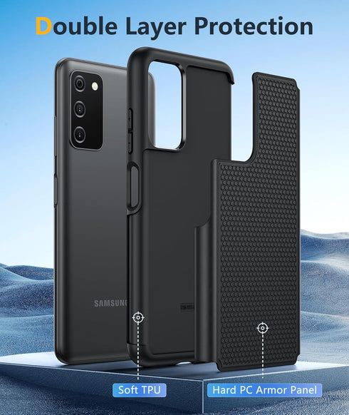 BNIUT Black Matte Samsung Galaxy A03s Case - Dual Layer Shockproof Heavy Duty Cell Phone Cover with Non-Slip Textured