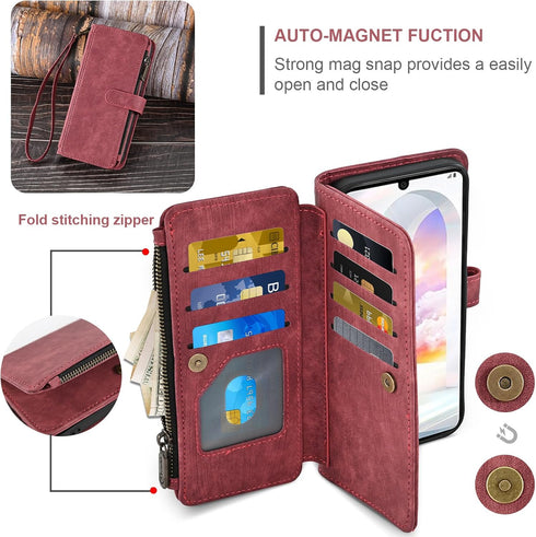 Asuwish Phone Case for LG Velvet 5G, Wallet Cover with Tempered Glass Screen Protector, Leather Flip Card Holder, Red