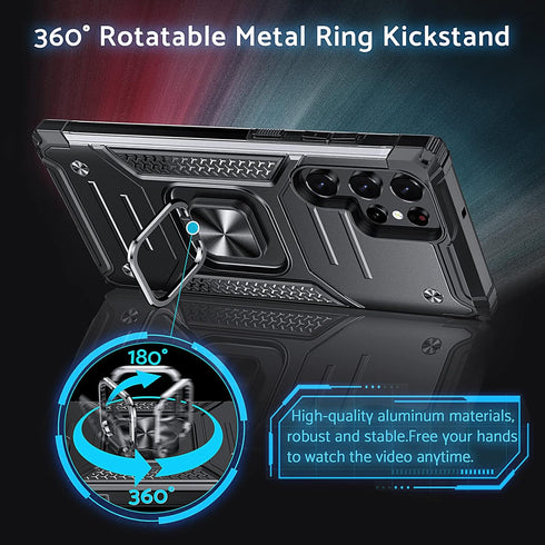 Anqrp Galaxy S22 Ultra Case, Military Grade Protective Cover with Rotatable Metal Ring Kickstand, Black