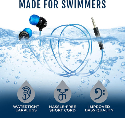 H2O Audio Surge S+ Waterproof Sport Short Cord Headphones for Swimming and Underwater Activities | Sweatproof,