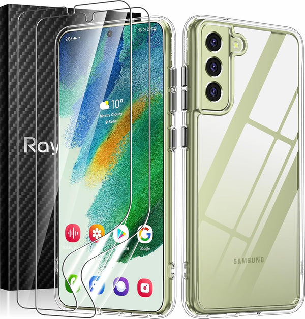 Rayboen Crystal Clear Hybrid Case for Samsung Galaxy S21 FE 5G with 2X Soft Screen Protector, Slim Shockproof Cover.