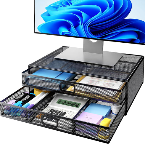 HUANUO 2 Tier Metal Monitor Stand, Desk Organizer with Drawer for PC, Laptop, Printer, Desktop Storage