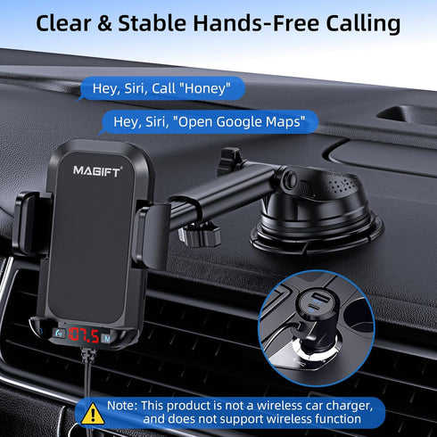 54W Bluetooth 5.3 FM Transmitter Car Adapter, 3-in-1, HiFi Bass Sound, Hands-Free Calling, Phone Holder