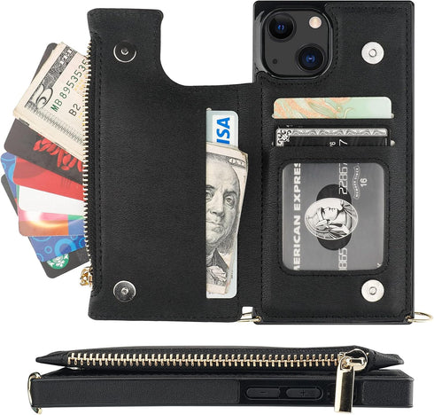 Bocasal Crossbody Wallet Case for iPhone 13, RFID Blocking Card Slot Holder, Magnetic Flip Folio Case, Black (6.1 Inch