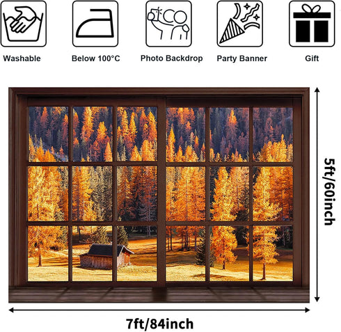 Avezano Fall Window Backdrop Autumn Forest Scene Portrait Photography Background Autumn Rustic Landscape Outdoor View Thanksgiving Harvest Party Decorations Photo Studio Booth Banner Supplies (7x5ft)