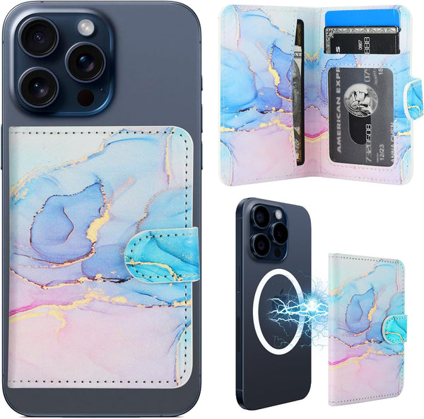 HAOPINSH for MagSafe Wallet Magnetic Card Holder, Pink Blue Marble Pattern Detachable Adjustable Flip Leather Kickstand