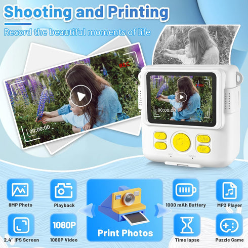 Instant Print Camera for Kids with 3 Rolls Printer Paper, 1080P Toddler Digital Camera Toys, 32GB SD Card, White