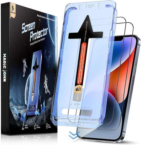 MAGIC JOHN Tempered Glass Screen Protector 2 Pack for iPhone 13/14 & 13 Pro 6.1", HD Clear, Bubble Free, Easy Install.