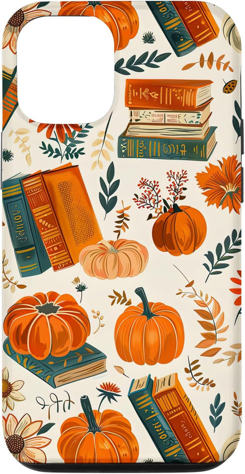 iPhone 15 Case, Vintage Pumpkin Fall Leaves & Book Pattern, Bookish Bookworm