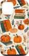 iPhone 15 Case, Vintage Pumpkin Fall Leaves & Book Pattern, Bookish Bookworm