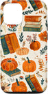iPhone 15 Case, Vintage Pumpkin Fall Leaves & Book Pattern, Bookish Bookworm