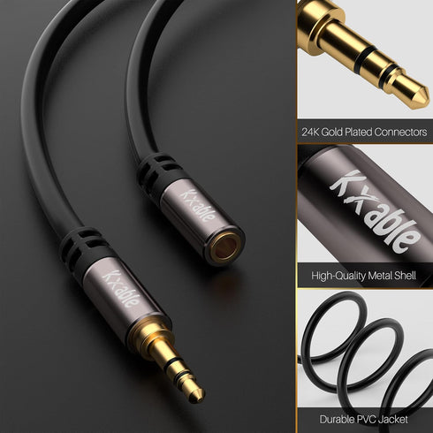 3.5mm Extension Cable 4 Feet (2 Pack), Male to Female Auxiliary Audio Stereo Cable, Headphone Extension Cord, Hi-Fi Sound, Gold Plated Connectors, OFC Core, Black Cable (with 5 pcs Cable Ties)