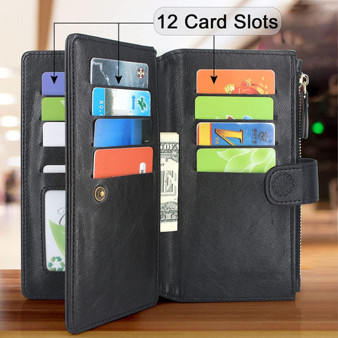 Harryshell Floral Leather Case Wallet with Detachable Magnetic Zipper, Cash Pocket, 12 Card Slots, Wrist Strap for