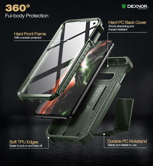 Dexnor Case for Samsung Galaxy S10e - Built-in Screen Protector and Kickstand, Heavy Duty Protection (Army Green)