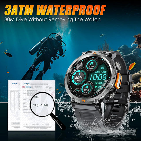 EIGIIS Military Smart Watch for Men, Tactical Rugged with Bluetooth Call, 1.45'' Big Screen Fitness Tracker,