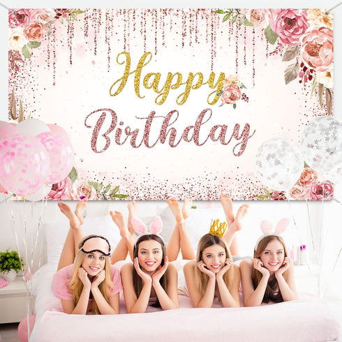 Happy Birthday Backdrop Decorations for Women, Rose Gold Floral Glitters Banner Party Supplies for Girls Boys
