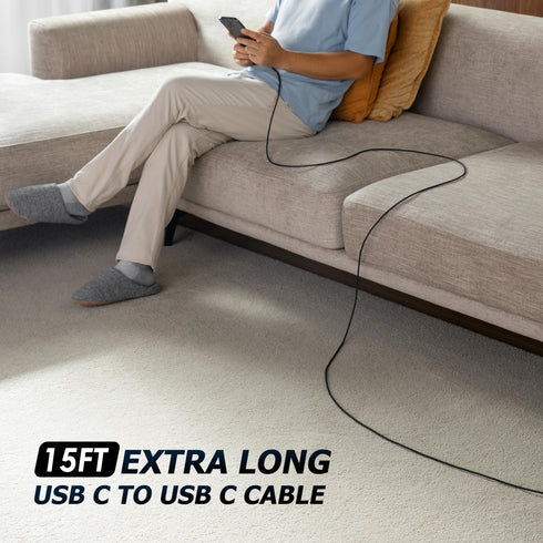 Extra Long USB C to USB C Cable 15FT, 2 Pack 100W Fast Charging Cord for iPhone 15, MacBook, Samsung, Pixel