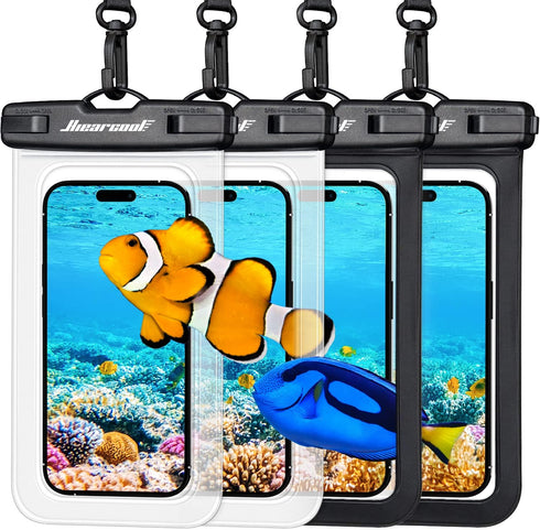 Hiearcool Waterproof Phone Pouch - 4 Pack Black & Clear, Large Dry Bag for iPhone & Travel Essentials.