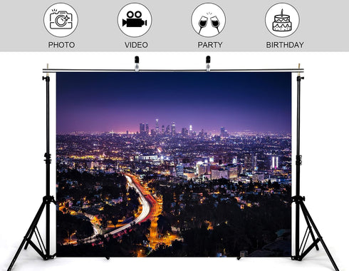 KeyWork 10x7ft Los Angeles Skyline Backdrop Purple Night Sky Light Trails City Lights Photography Background for Urban