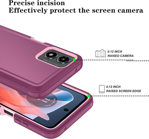 Qinmay Shockproof 3-Layer Case for Motorola Moto G Play 2024, with HD Screen Protector (Wine Red Pink)