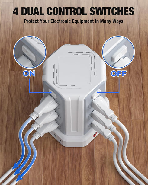 Power Strip Surge Protector, 10 Ft Extension Cord with 12 AC Outlets, 4 USB (1 USB C), White Desktop Charging Station