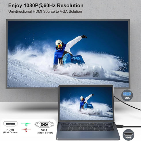 6FT, 1080P@60Hz HDMI to VGA Cable Uni-Directional HDMI to VGA Adapter Cable Male to Male Video Cord Compatible