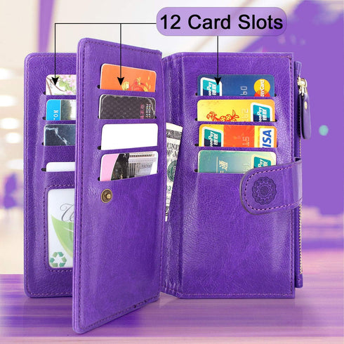 Harryshell Detachable Magnetic Zipper Wallet Leather Case with Cash Pocket and 12 Card Slots for Samsung Galaxy S21 5G