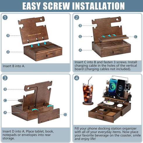 Wood Phone Docking Station for 3 Phones, Nightstand Organizer with Drawer for Valuables, Apple Watch Compatible