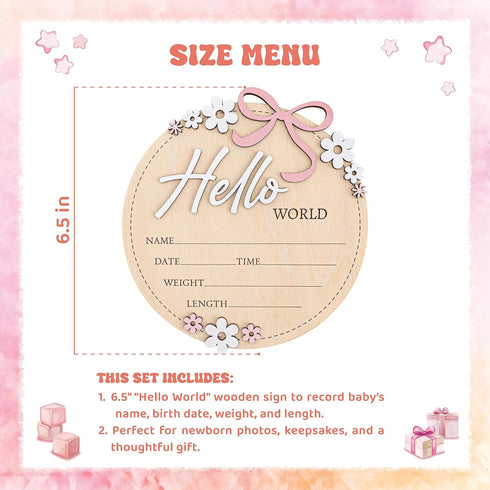 6 Inch Wooden Baby Announcement Sign Round Birth Stat Plaque with Floral and Bow Design (Hello World)