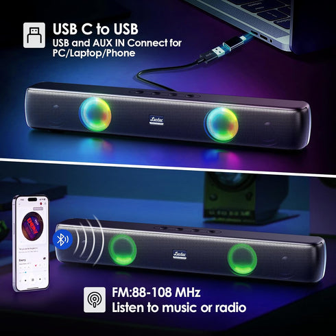 LEOTEC Computer Speakers with FM Radio,Stereo Sound,Portable Mini Sound Bar,Type-C Charging,AUX in,TF,USB for Computer