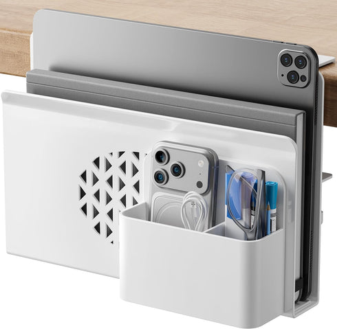 Josmimic Desk Side Storage, Metal Laptop Holder with Magnetic Pen Box, Clamp-On Under