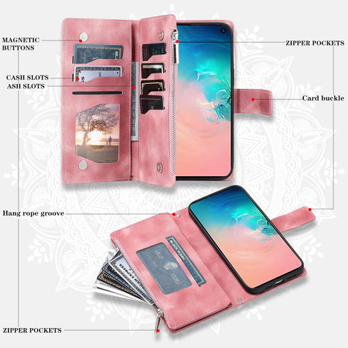 Asuwish Wallet Case for Samsung Galaxy S10e - Mandala Flower, Zipper Slot, Tempered Glass Protector, Rose Gold.