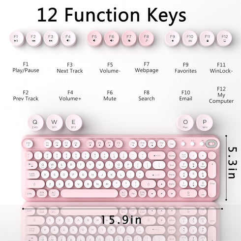 Links9+ 2.4GHz Wireless Bluetooth Keyboard, Retro Round Typewriter Keyboard, Dual Mode Bluetooth & Receiver, Compatible