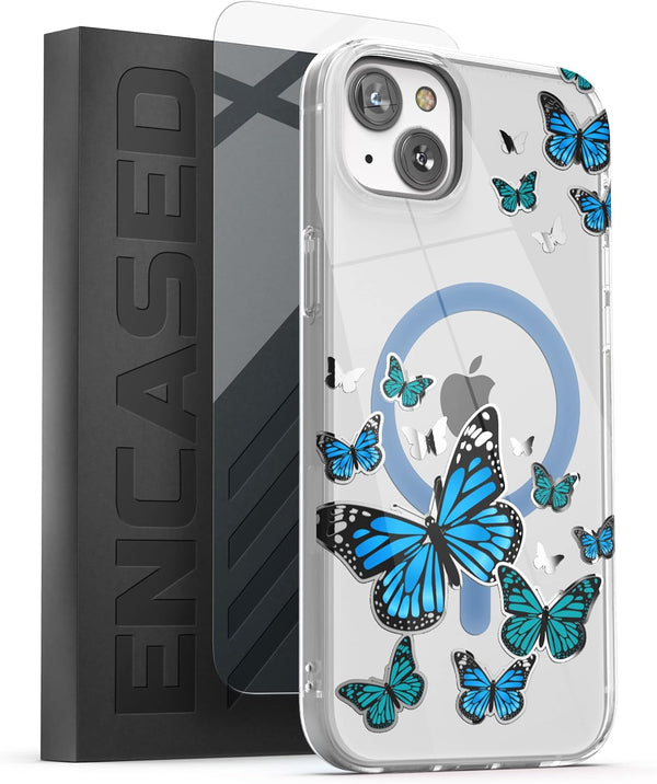 ENCASED Magnetic Case for iPhone 14 with Screen Protector - Compatible with MagSafe Accessories (Blue Butterfly)