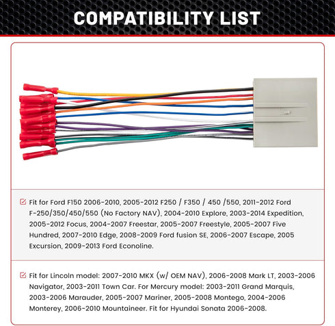 RED WOLF Radio Harness Compatible with Ford 2003-Up F150 Focus Explorer Lincoln MKX for 2006-2008 Hyundai Sonata Install Aftermarket Stereo Power Speaker Wiring Harness w/Connector Butt by RED WOLF