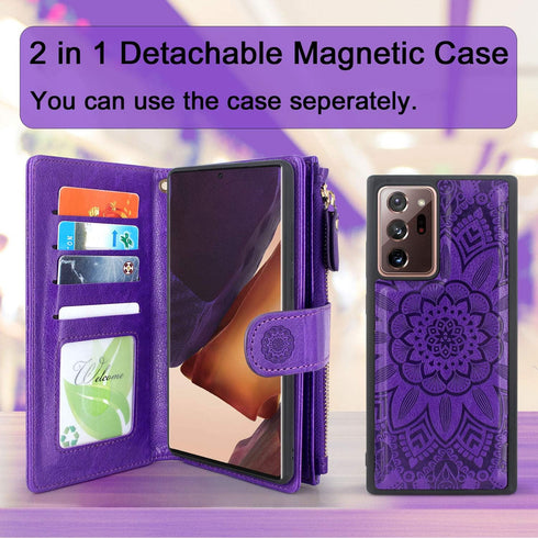 Harryshell Detachable Magnetic Zipper Wallet Case for Samsung Galaxy Note 20 Ultra 5G, 12 Card Slots, Flower Purple