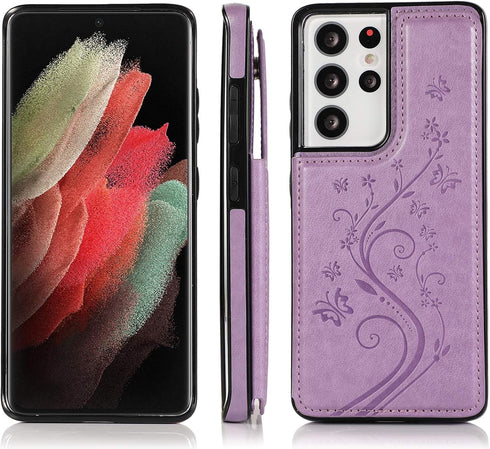 Samsung Galaxy S21 Ultra Phone Case, Purple, with Tempered Glass Screen Protector, Card Holder Wallet Cover, Stand Flip